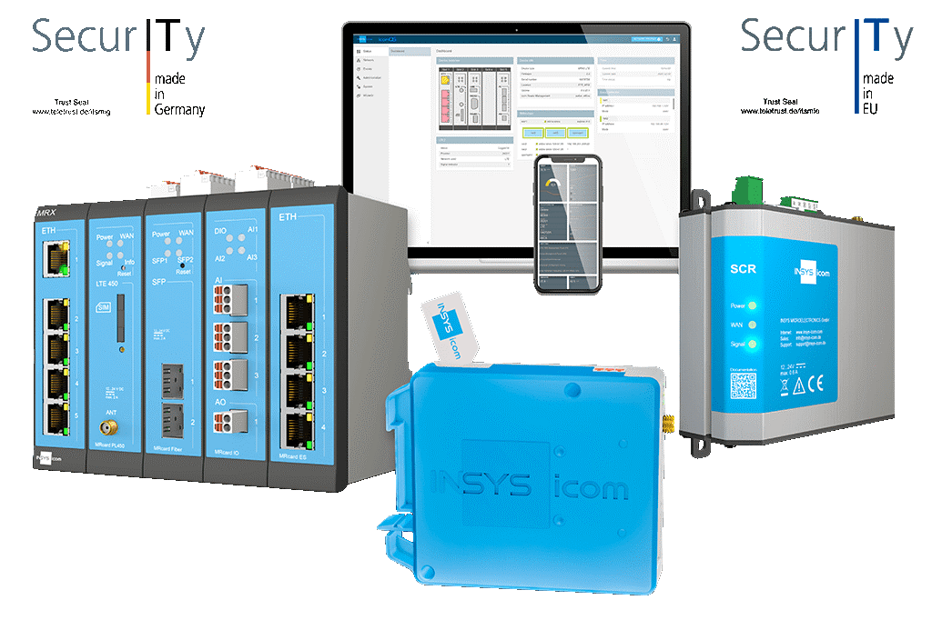 INSYS icom Router, wie der MRX5 LTE, ECR-EW200 oder MIRO-L200 bieten mit VPN-Service und Edge Computing ganzheitliche Lösungen zur industriellen Fernwartung.